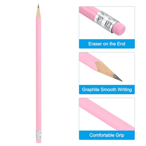 PATIKIL Round Pencils, 48 Pack HB Graphite Pencils with Eraser Wood Pencils Cute Pencil for Classroom Teacher Office Supplies, Pink - color: Pink