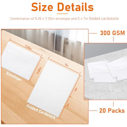 Guakicae White Blank Cards and Envelopes 5 x 7 Heavyweight Folded Cardstock and Printable A7 Envelopes Self Seal 20 packs for Greeting Cards, Wedding Invitations, Thank You Cards, Party - color: White, size: 5x7-20pcs