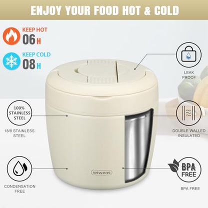 wiwens Thermo Food Jar for Hot Food Adults 32OZ Soup Thermo Lunch Containers Wide Mouth Vacuum Insulated Stainless Steel Leakproof Bento Box with Spoon (Beige) - color: Beige