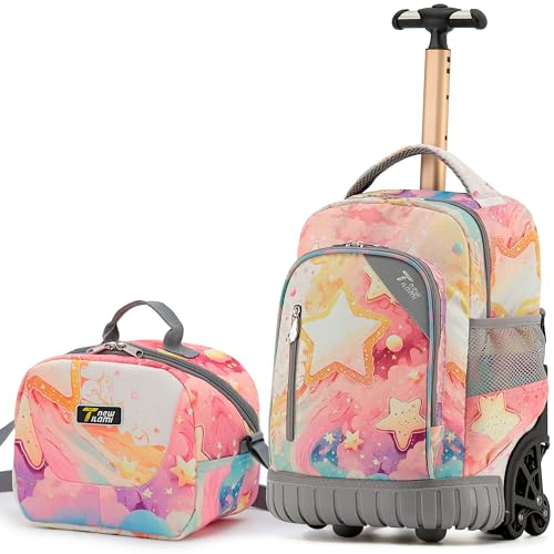 NEW TILAMI 16 Inch Rolling Backpack with Lunch Bag for Kids Adjustable Handle Carry-on Suitcase Wheels for Girls Boys School Travel Camping, Starry Rainbow - color: Starry Rainbow