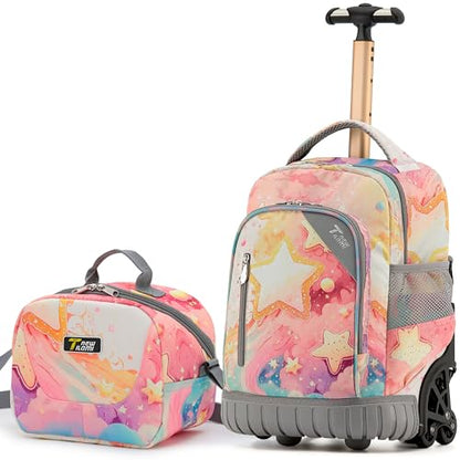 NEW TILAMI 16 Inch Rolling Backpack with Lunch Bag for Kids Adjustable Handle Carry-on Suitcase Wheels for Girls Boys School Travel Camping, Starry Rainbow - color: Starry Rainbow