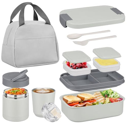 Bento Lunch Box Set with 10.5oz Soup Thermo Food Jar for Adults Kids, Stainless Steel Leak-proof Lunch Container with 4 Compartment, Coffee Tumbler with Lunch Bag for School Travel Office-Grey - color: Gray