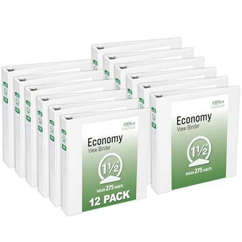 Office Essentials Economy View 3 Ring Binders, 1.5" Round Rings, 2.1" Spine, 275-Sheet Capacity, White Binders (12-Pack of 03426) - size: 1.5"