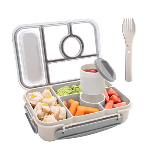 Amathley Bento Box Adult Lunch Box Kids,Lunch Containers for Adults/Kids/Toddler,5 Compartments Bento Lunch Box with Sauce Vontainers,Microwave & Dishwasher & Freezer Safe,BPA-Free (White) - color: White