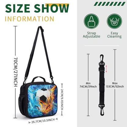 Soccer Lunch Box Blue Yellow Fire Lightning Football Kids Lunch Bag with Shoulder Strap for Boys Girls Durable Insulated Lunch Cooler Bag Thermal Meal Tote for School Picnic - color: A-Soccer