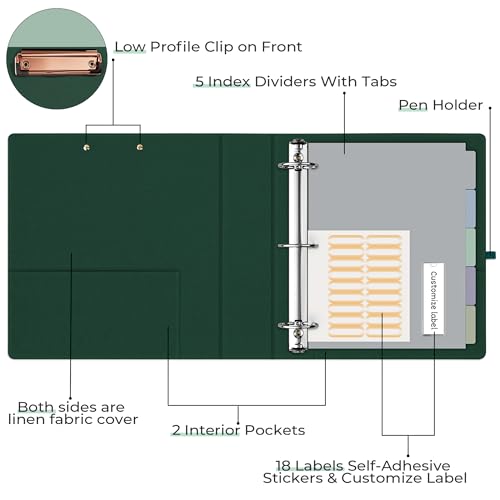 EYROZILL 3 Ring Binder 2 Inch, Binder for Letter Size (11" x 8.5") with 5 Tab Dividers, File Folder Labels and Low Profile Clipboards, Blackish Green - color: Blackish Green, size: ‎Letter Size - 2 Inch