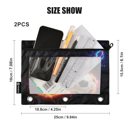 Soccer Ball Fire Pencil Pouch for 3 Ring Binder 2 Pcs Pockets Pencil Pouches Bag with Clear Pencil Case Cosmetic Bag for Office Daily School Supplies - color: Soccer Ball Fire