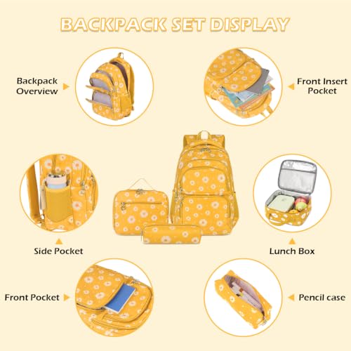 Glodwheat Daisy Printed Backpack For Girls- 3Pc Set With Lunch Box & Pencil Case, Lightweight Water-Resistant Bookbag For Elementary School - color: Lemon
