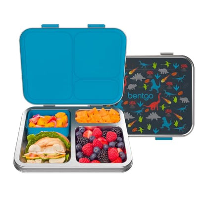 Bentgo Kids Stainless Steel Prints Leak-Resistant Lunch Box - 3-Compartments with Bonus Silicone Container, Durable, Eco-Friendly, Dishwasher Safe, BPA-Free, Ideal for School, Ages 3+ (Dinosaur) - color: Dinosaur
