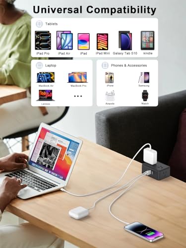 Desk Clamp Power Strip 4AC Outlet 2USB-C Ports,2 USB-A Ports,Desktop Tube Edge Mount Outlet Under Desk Table Leg Widely Spaced Surge Protector Outlet Station,6.6ft Heavy Duty Plug and Cord.