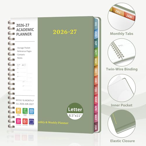 Planner 2026-2027, Weekly and Monthly Academic Year Calendar Planner, July 2026 - June 2027, Daily Agenda Book for Office School Supplies, Letter Size(8.5'' x 11'') - color: C-Green, size: 8.5"x11"(Jul 2026-Jun 2027)