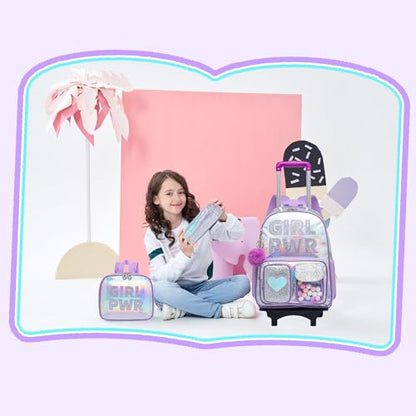 Meetbelify Rolling Backpack for Girls Backpack with Wheels for Elementary Student Kids School Bag with Lunch Box Pencil Case for Girls Ages 6-8 Years Old - color: Prw Purple