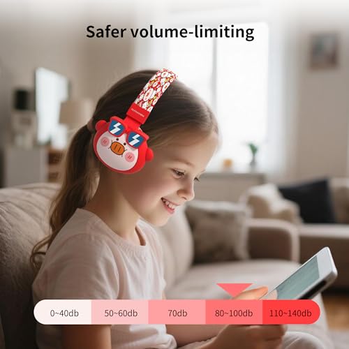 Beerus Kids Bluetooth Headphones, 85dB Volume Limiter, Bluetooth 5.4 & 20H Playtime, Ultra-Soft Foldable Over-Ear Headset with Mic, FM/TF Mode, Cute Animal Design for School Travel - color: Red Piggy