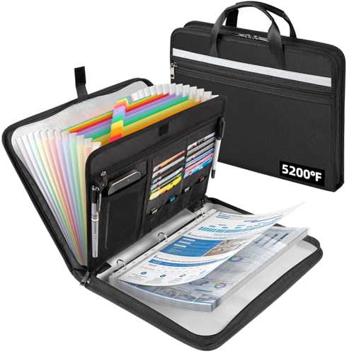 Fireproof Document Bag with Accordion File Organizer(Black) | Upgraded 5200°F Aluminum Foil Fire Protection, Zipper Expanding File Binder Folders with 30 Sheet Protector - color: Black