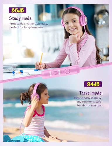 Voopwink Kids Headphones with Microphone, Wired Over Ear Headsets with Limited Volume 85dB/ 94dB for Boys Girls Teens Children Online School/Travel/iPad/Tablet/Cellphone - color: Rose Pink, size: Plug 3.5mm
