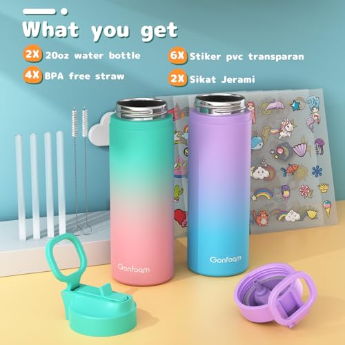 Gonfoam 20oz Kids Stainless Steel Insulated Water Bottle, 2 Pack | DIY Stickers, BPA-free, Leak-proof, Sturdy, Keeps Cold 24h, Easy to Carry, Easy to Clean, Back to School, Gifts - color: Purple+Green, size: 20 Ounces