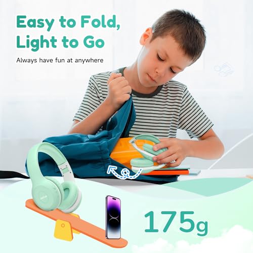 EarFun K2 Kids Bluetooth Headphones, Kids Headphones with Volume Limited, 40H Playtime, Built-in Mic, Stereo Sound, Foldable Over-Ear Headphone for School/Travel/iPad/Tablet, Green - color: Green