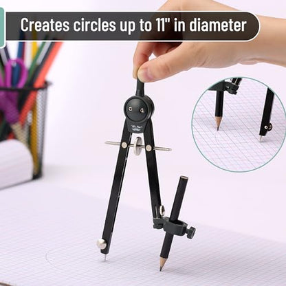 Mr. Pen- Metal Geometry Compass, Center-Wheel Design | Precision Drafting Compass with Pencil for School & Technical Drawing, Draws Circles up to 11 Inches Diameter - color: Black