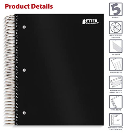 Better Office Products 5 Subject Spiral Notebook, Black Poly Cover, College Rule, 200 Sheet Notebook with 4 Double-Sided Pocket Dividers, 11 x 8.5 inches