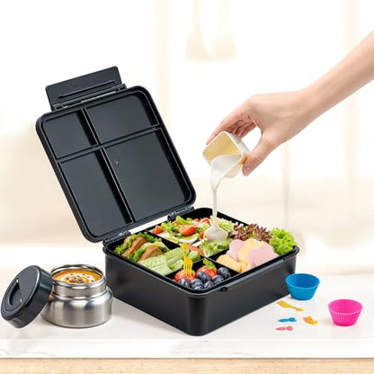 JSLOVE Bento Lunch Box with Leak Proof Thermos Food Jar for Kids, Food Lunch Containers for Boys with 4 Compartments, BPA-Free with Utensils, Food Picks, Sauce Jar & Silicone Lunch Box Dividers - color: Black