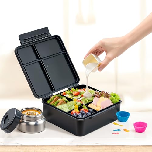 JSLOVE Bento Lunch Box with Leak Proof Thermos Food Jar for Kids, Food Lunch Containers for Boys with 4 Compartments, BPA-Free with Utensils, Food Picks, Sauce Jar & Silicone Lunch Box Dividers - color: Game Consoles