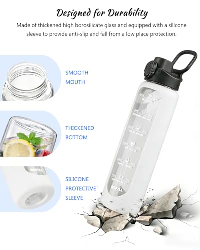 Nefeeko 32 oz Glass Water Bottles with Straw, Motivational Glass Water Bottle with Time Marker, 1 Liter BPA FREE Leakproof Reusable Glass Water Bottle with Silicone Sleeve, Bamboo Lid, Spout Lid - color: White