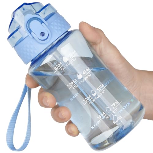 OLDLEY 12oz Kids Water Bottle, Tritan BPA-Free, Leakproof Flip Straw Lid, Motivational Time Marker, Carry Strap, Reusable Clear Water Bottle for Boys & Girls,Baby Blue - color: Baby Blue, style: 12 Ounces