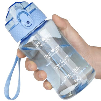OLDLEY 12oz Kids Water Bottle, Tritan BPA-Free, Leakproof Flip Straw Lid, Motivational Time Marker, Carry Strap, Reusable Clear Water Bottle for Boys & Girls,Baby Blue - color: Baby Blue, style: 12 Ounces