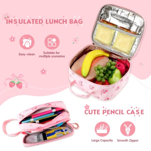Rolling Backpack for Girls, 3PCS Roller School Backpacks for Girls with Lunch Bag and Pencil Pouch, Kids Bookbag School Bag with Wheels for Kindergarten Elementary Middle School Travel - color: Pink Bow Cherry