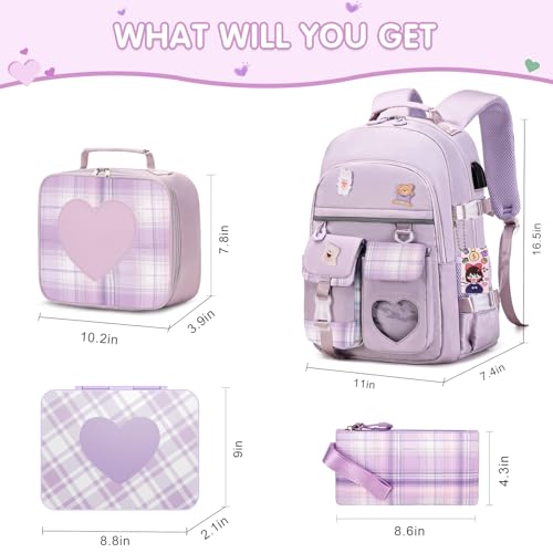 ACESAK Girls Backpack - Bento Box with Insulated Lunch Bag Pencil Case & Utensils Set for Kids, 6 Leakproof Compartments Removable Tray Lunches or Snack Container for School (Purple) - color: Purple