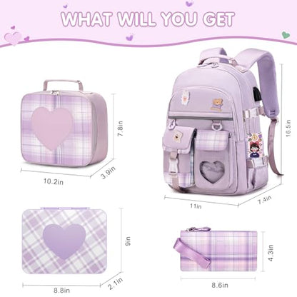 ACESAK Girls Backpack - Bento Box with Insulated Lunch Bag Pencil Case & Utensils Set for Kids, 6 Leakproof Compartments Removable Tray Lunches or Snack Container for School (Purple) - color: Purple