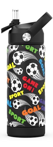 Boys Soccer Water Bottle with Straw,18 oz Kids Insulated Cups with Stainless Steel Leak Proof for School,Sport&Travel（Soccer） - color: A13.Football