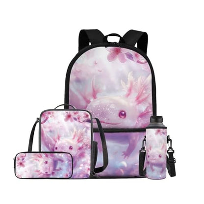 Cherry Blossom Axolotl Backpack for Girls Kids Backpack with Lunch Box Water Bottle Carrier and Aesthetic Pencil Case 4PCS Set Cute Bookbag with Front Pocket for School 17" Large School Bag - color: Aesthetic Cherry Blossom Axolotl