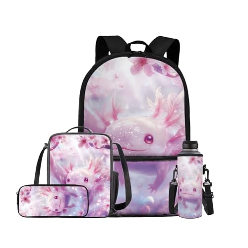 Cherry Blossom Axolotl Backpack for Girls Kids Backpack with Lunch Box Water Bottle Carrier and Aesthetic Pencil Case 4PCS Set Cute Bookbag with Front Pocket for School 17" Large School Bag - color: Aesthetic Cherry Blossom Axolotl