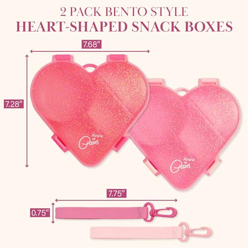 Paris Hilton Bento-Style Heart-Shaped Snack Box Set, Customizable 4-Compartment Containers with Removable Dividers, Built-In Phone Stand & Removeable Wrist Strap, 2-Pack, Pink