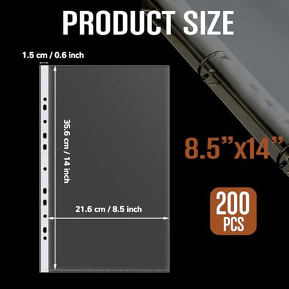 Gilprop 200 Pcs 8.5 x 14 Legal Size Heavyweight Clear Sheet Protectors, Heavy Duty 11-Hole Fit for 3 & 4 Ring Binder, Plastic Page Thick Document Protector, Binder Sleeves for Cards Photo Archive