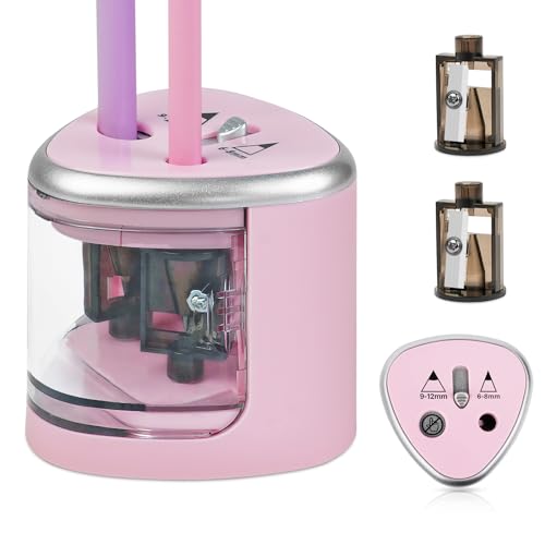 AUAUY Electric Pencil Sharpener with Double Hole, Battery Operated Automatic Sharpener with 2 Extra Knife Holders, for 6-8mm/9-12mm Standard Pencils, Colored Pencils, and Skectch Pencils（Pink） - color: Battery-pink