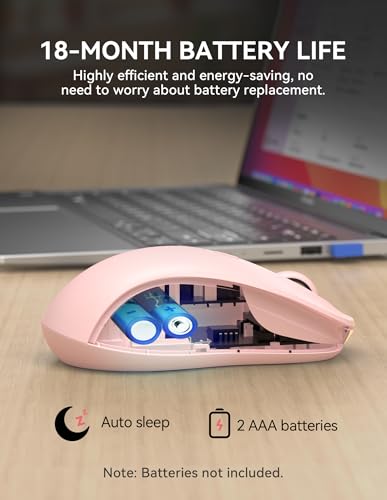 TECKNET Bluetooth Mouse, [ USB + BT1 + BT2 ] Wireless Mouse for Laptop, Silent Click, Ergonomic Design, 4800 DPI Computer Mice Wireless, Dual Mode for Laptop, Computer, iPad, MacBook - color: Pink