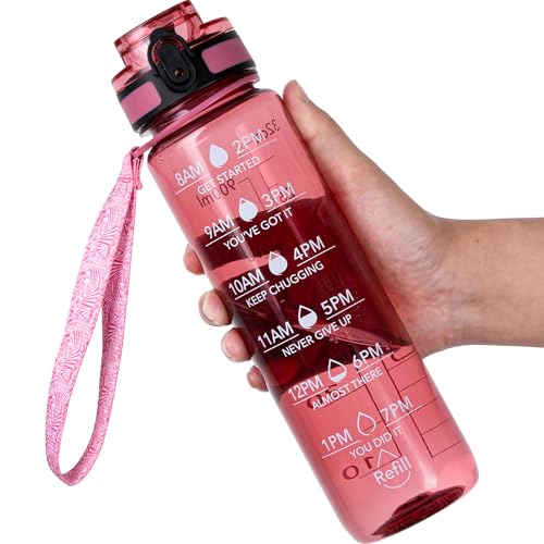 OLDLEY Water Bottle, 32oz Motivational Sports Water Bottle with Time Marker - Times to Drink - Tritan, BPA Free, Wide Mouth Leakproof,Anniversary Birthday Gifts for Men Women, Clear Red - color: A-Clear Red