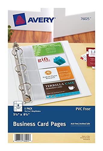 Avery Clear Business Card Organizer Pages for 5.5" x 8.5" Mini Binders, Pack of 5 Holds 40 Cards Total (76025) - style: 1 Pack