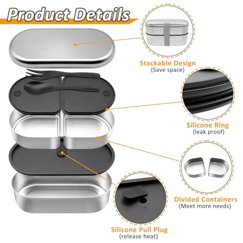 Stainless Steel Bento Box, Stackable & Leakproof Lunch Box, 3 Compartment Food Storage Containers，Microwave/Dishwasher Safe Bento Lunch Box for Work/Travel