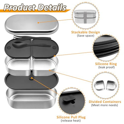 Stainless Steel Bento Box, Stackable & Leakproof Lunch Box, 3 Compartment Food Storage Containers，Microwave/Dishwasher Safe Bento Lunch Box for Work/Travel