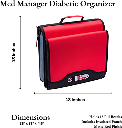 Med Manager Medicine Organizer and Binder, Removable Pouches, Detachable 5-Tab Expanding File Folder, Holds (15) Pill Bottles - (11) Standard Size and (4) Large Bottles, Red, 13 x 13 x 4.5 inches - color: Red