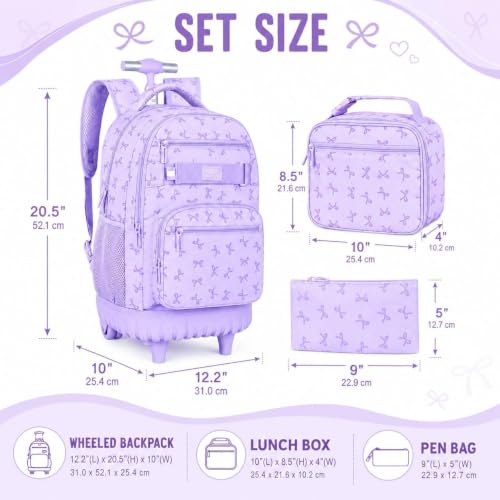 gxtvo Girls Rolling Backpack, Women Roller Bookbag with Lunch Box for Adults, Water Resistant Wheeled School Bag for College Teens Kids Travel - Purple Bow - color: Girls Rolling Backpack Bow Purple