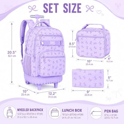 gxtvo Girls Rolling Backpack, Women Roller Bookbag with Lunch Box for Adults, Water Resistant Wheeled School Bag for College Teens Kids Travel - Purple Bow - color: Girls Rolling Backpack Bow Purple