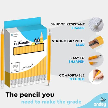 Emraw Enday Jumbo Pencils For Preschoolers (24 Pack) No 2 for Kids, Kindergarten School Supplies, Fat Pre-Sharpened Round Pencil with Eraser Top Thick Pencils for kids ages 4-8