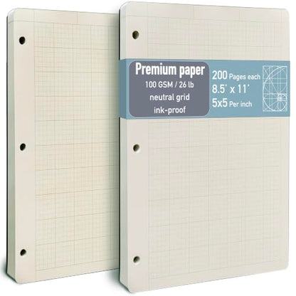 Engineering Pad 2 Pack, 8.5” x 11”, 100 GSM Paper, No Bleed-Through, 5x5 Quad Ruled Graph Paper, Double-Sided with Standard Header, 3 Hole Punched, Cream Paper, Rounded Corners, 200 Pages Each