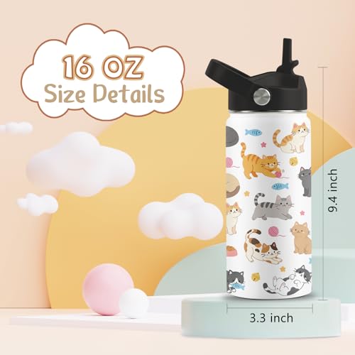Cat Gifts for Cats Lovers, Cute Water Bottle with Straw Lid, 16 oz Cat Water Bottle, Stainless Steel Insulated Tumbler, Cute Cats Birthday Cups Gifts for Boys Girls - color: Cats