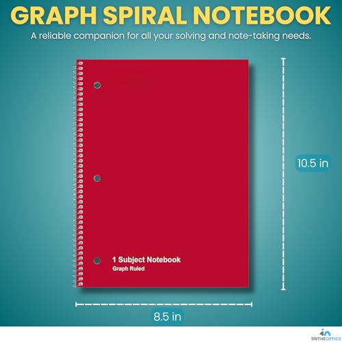 1InTheOffice Graph Ruled Spiral Notebook, 1 Subject Notebook, Wirebound Graph Paper Notebook 8 x 10.5 Inch, 70 Sheets, 5 Squares Per Inch, 3 Hole Punched