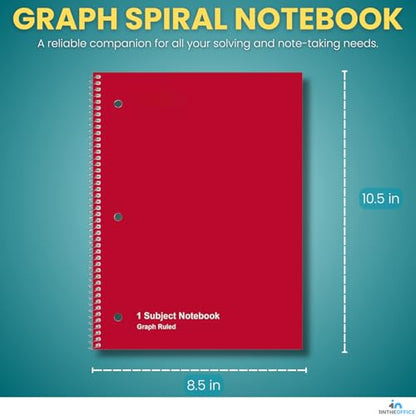 1InTheOffice Graph Ruled Spiral Notebook, 1 Subject Notebook, Wirebound Graph Paper Notebook 8 x 10.5 Inch, 70 Sheets, 5 Squares Per Inch, 3 Hole Punched